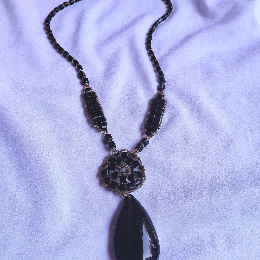 Vintage Handmade Black Stones Bohemian Necklace with Teardrop Stone Pendant